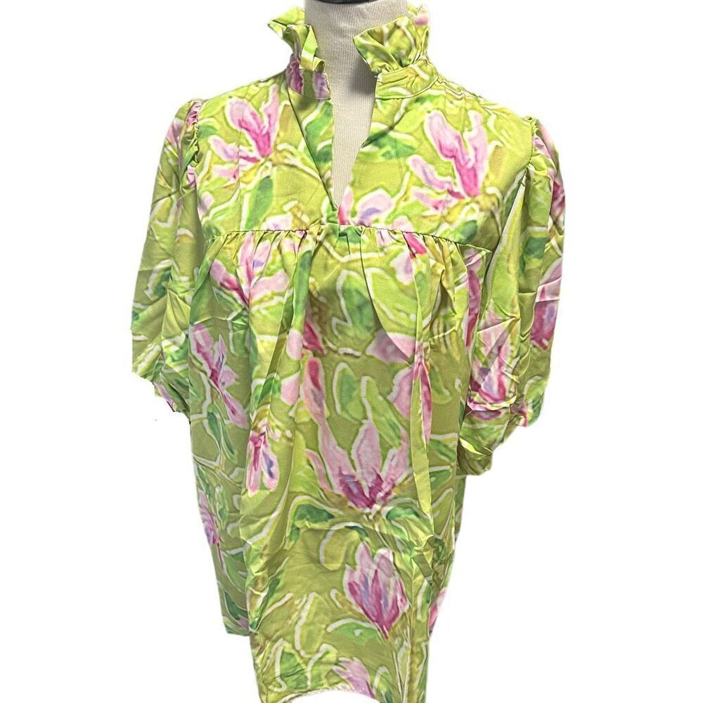 New! Pink and Green Tunic With Ruffled Collar Sz 3XL